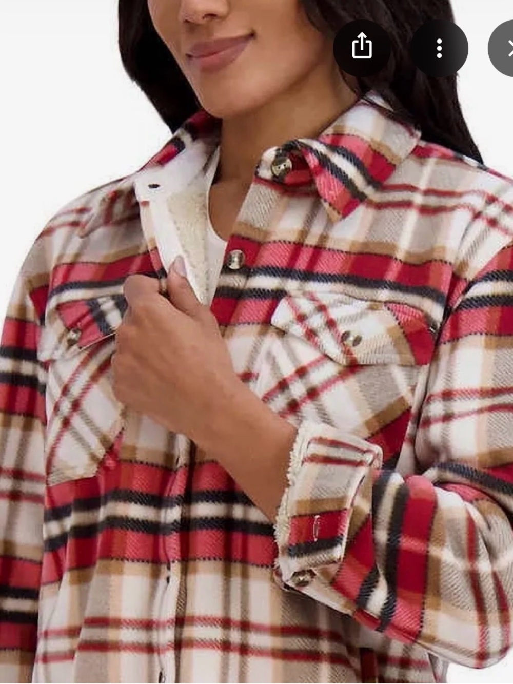 Teddy Plaid Shacket Jacket - Red Cream Plaid